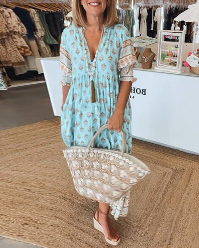 Giulia™ | Vestido midi estampado con escote en V y elegantes mangas tipo globo
