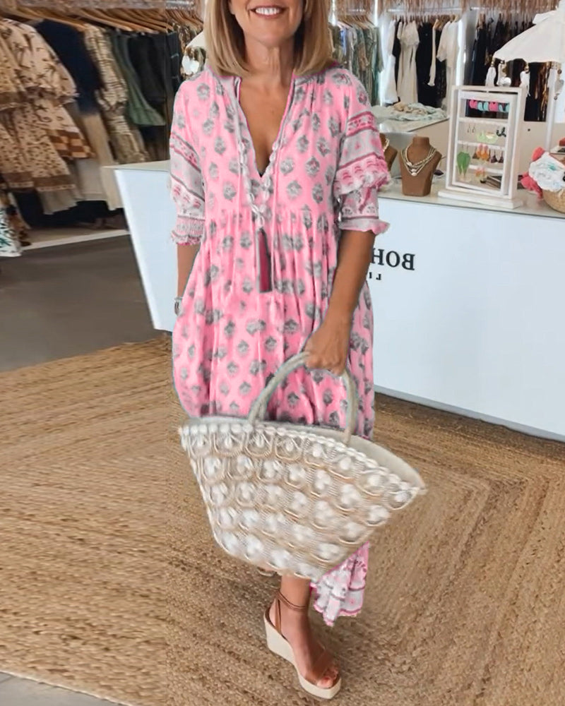 Giulia™ | Vestido midi estampado con escote en V y elegantes mangas tipo globo
