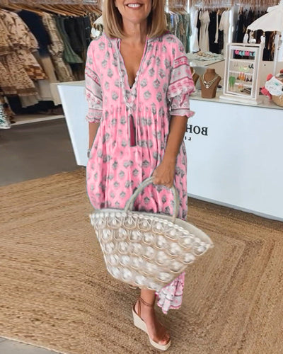 Giulia™ | Vestido midi estampado con escote en V y elegantes mangas tipo globo