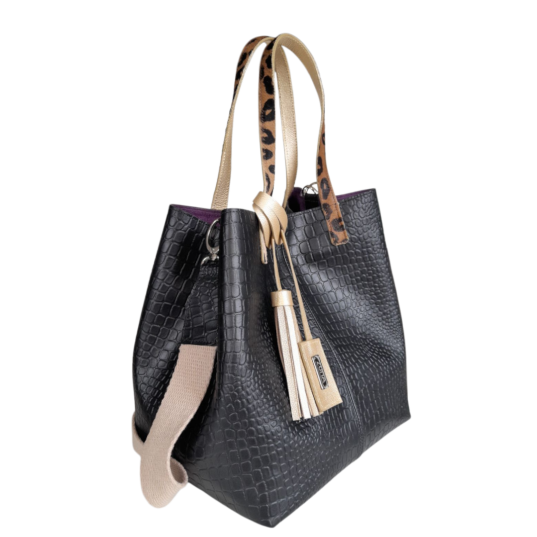 Giulia™ | Bolso Negro de Cuero con Estilo Reptil