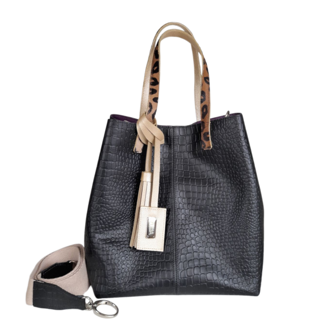 Giulia™ | Bolso Negro de Cuero con Estilo Reptil