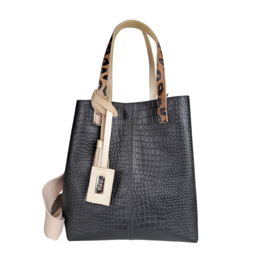 Giulia™ | Bolso Negro de Cuero con Estilo Reptil