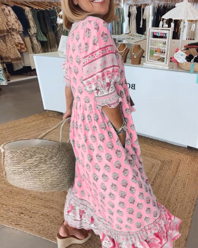 Giulia™ | Vestido midi estampado con escote en V y elegantes mangas tipo globo
