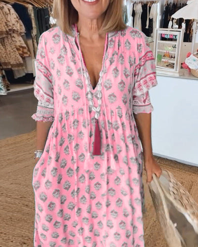 Giulia™ | Vestido midi estampado con escote en V y elegantes mangas tipo globo