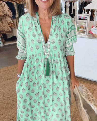 Giulia™ | Vestido midi estampado con escote en V y elegantes mangas tipo globo