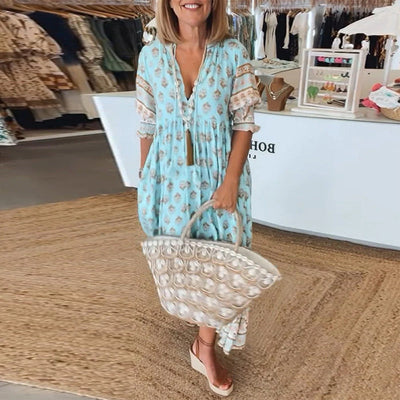 Giulia™ | Vestido midi estampado con escote en V y elegantes mangas tipo globo