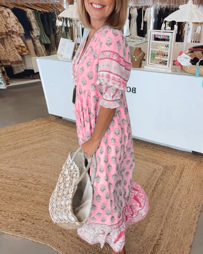 Giulia™ | Vestido midi estampado con escote en V y elegantes mangas tipo globo