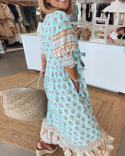 Giulia™ | Vestido midi estampado con escote en V y elegantes mangas tipo globo