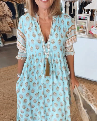 Giulia™ | Vestido midi estampado con escote en V y elegantes mangas tipo globo